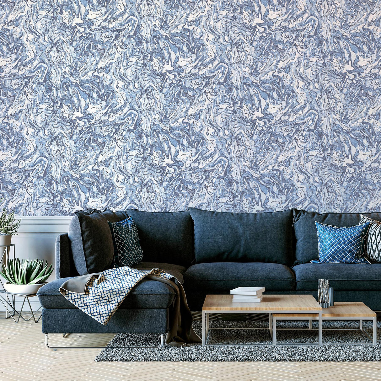 York Osgood Navy Marbled Wallpaper