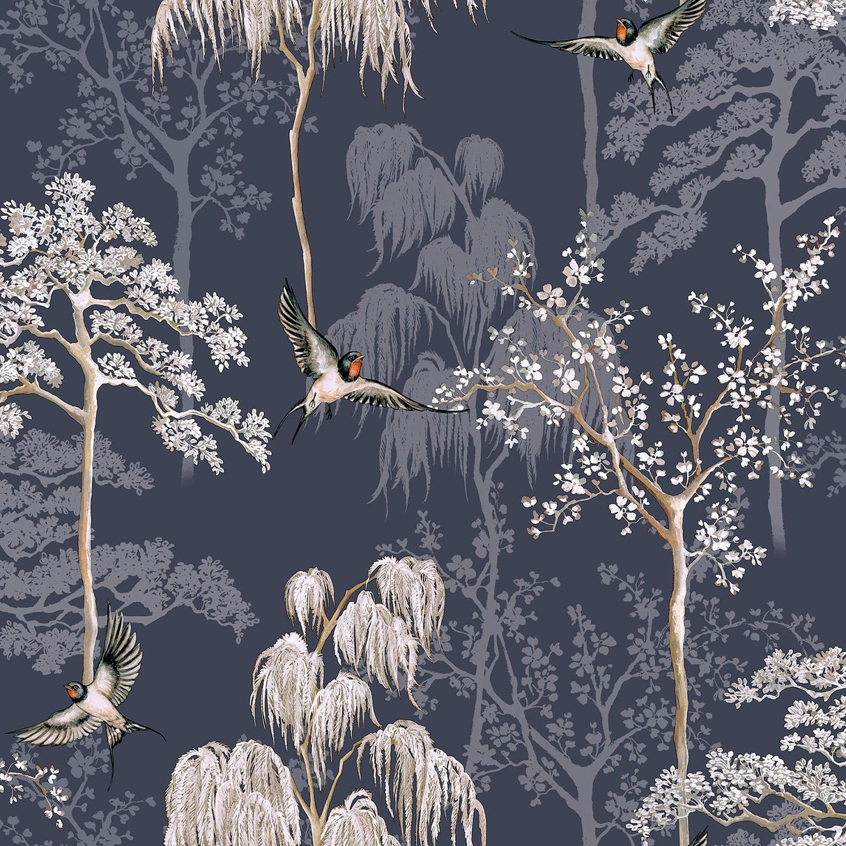 York Asuka Blue Sparrow Forest Wallpaper