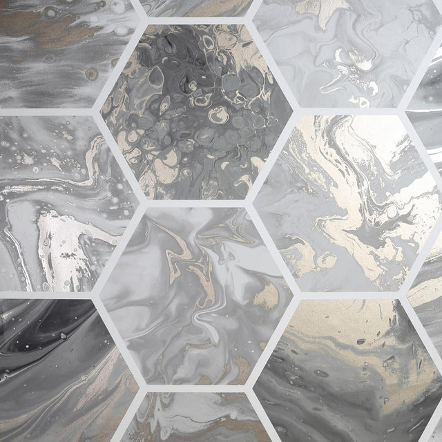 York Marlon Charcoal Hexagon Tiles Wallpaper