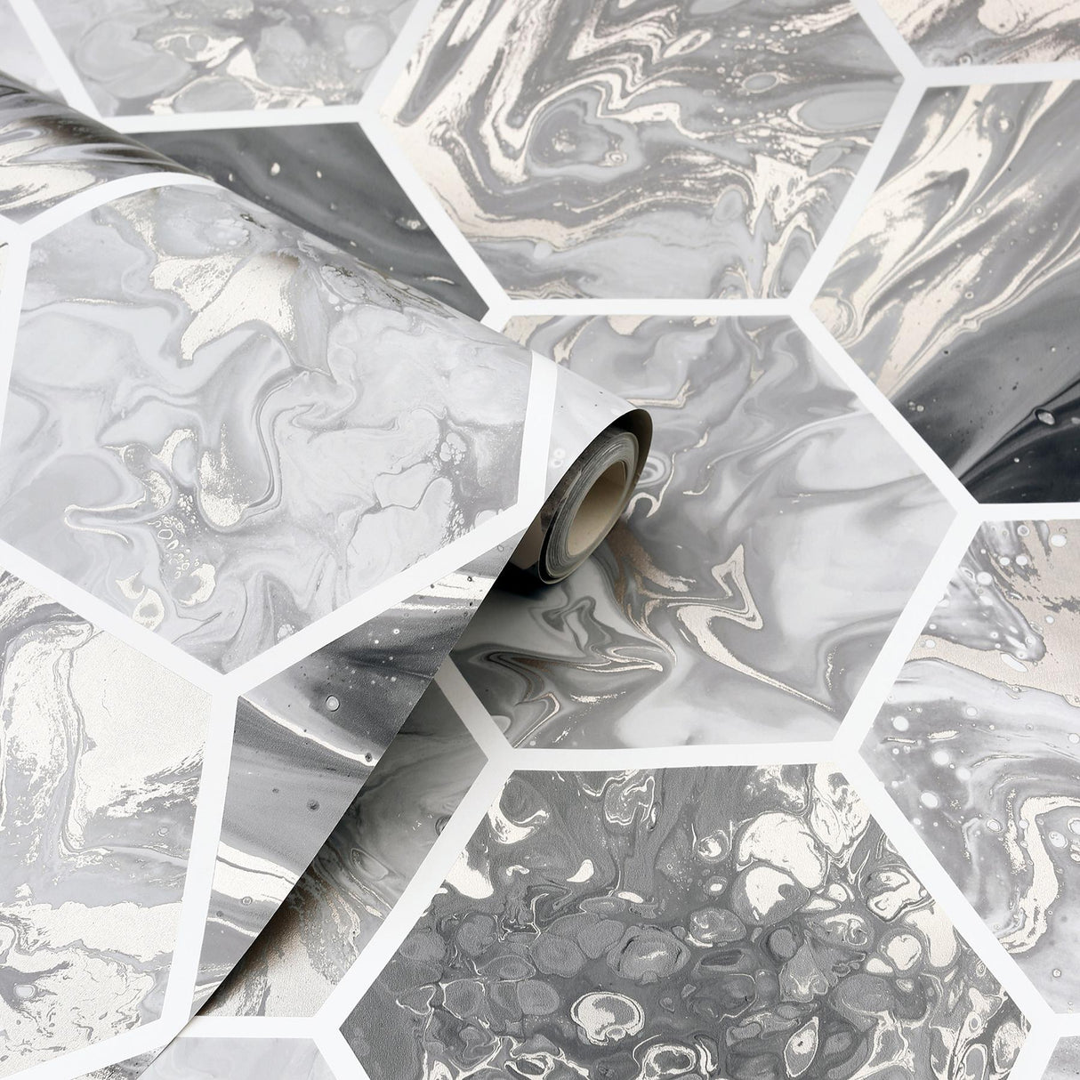 York Marlon Charcoal Hexagon Tiles Wallpaper