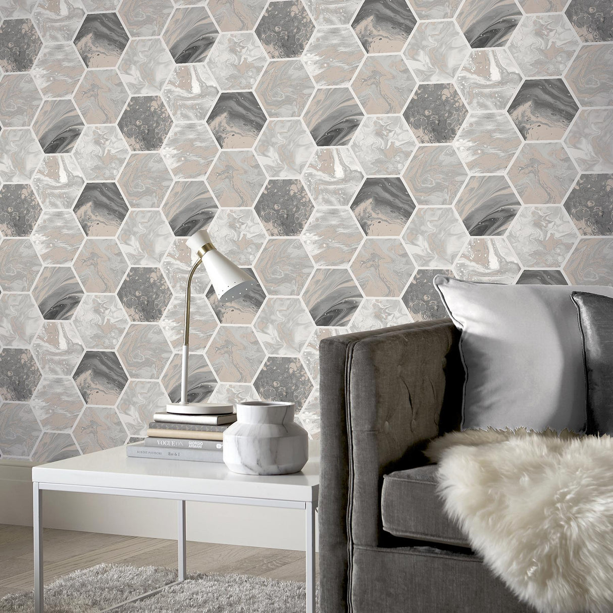 York Marlon Charcoal Hexagon Tiles Wallpaper