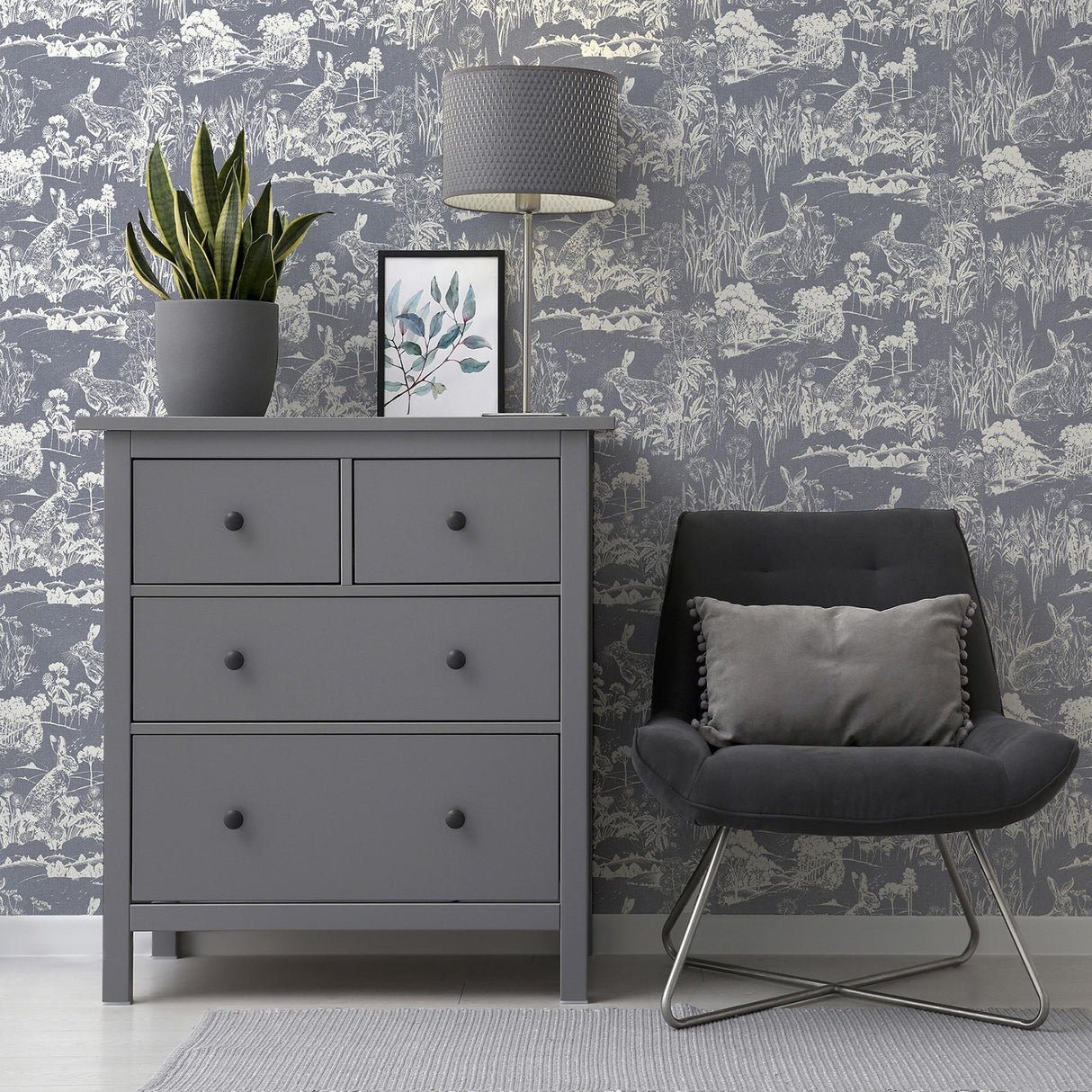 York Hattie Navy Meadow Hare Wallpaper