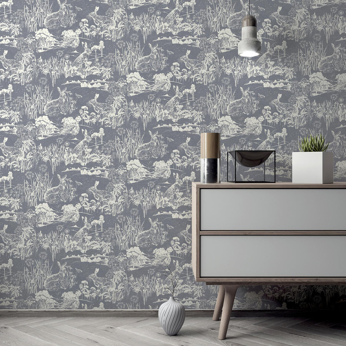York Hattie Navy Meadow Hare Wallpaper