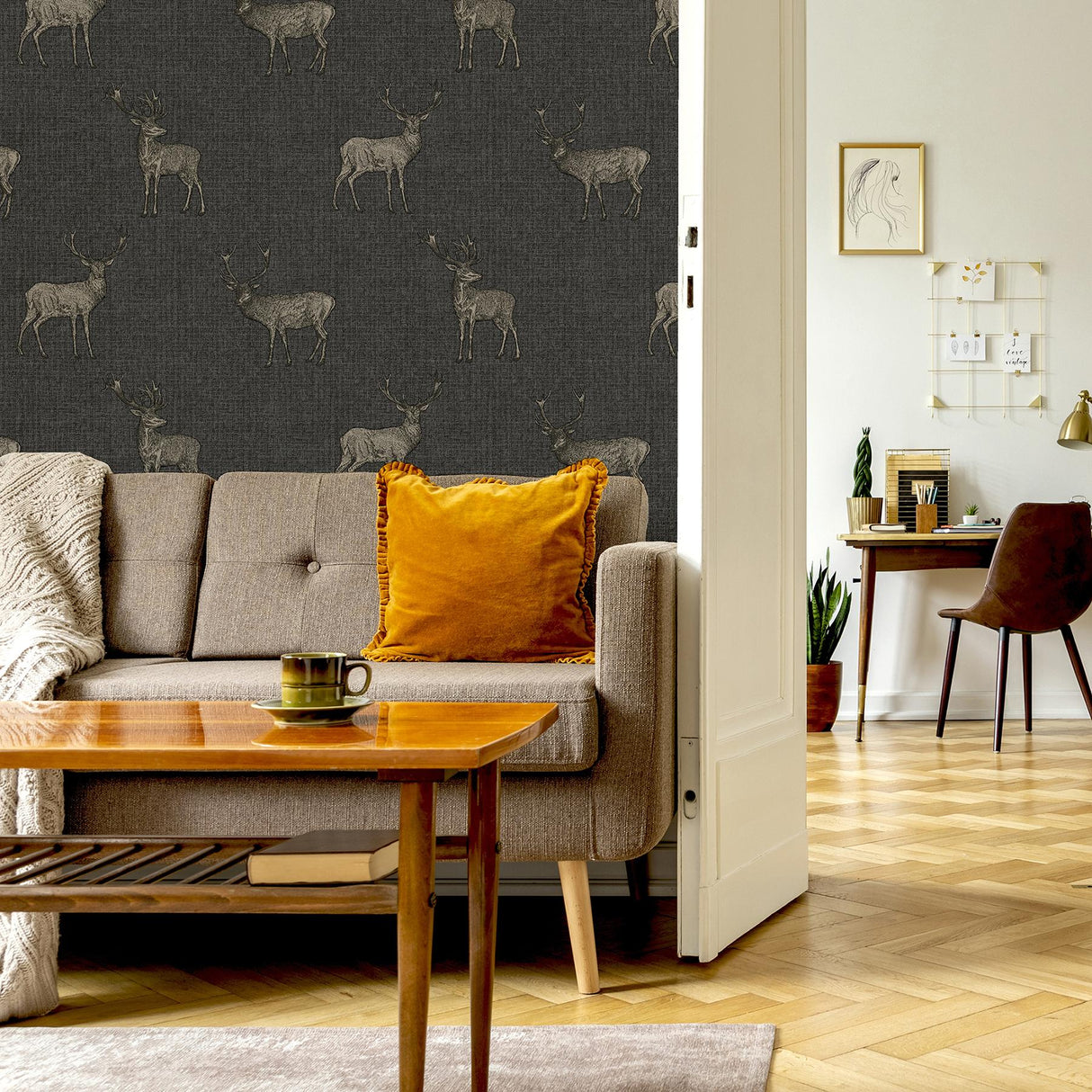 York Hank Charcoal Stag Wallpaper