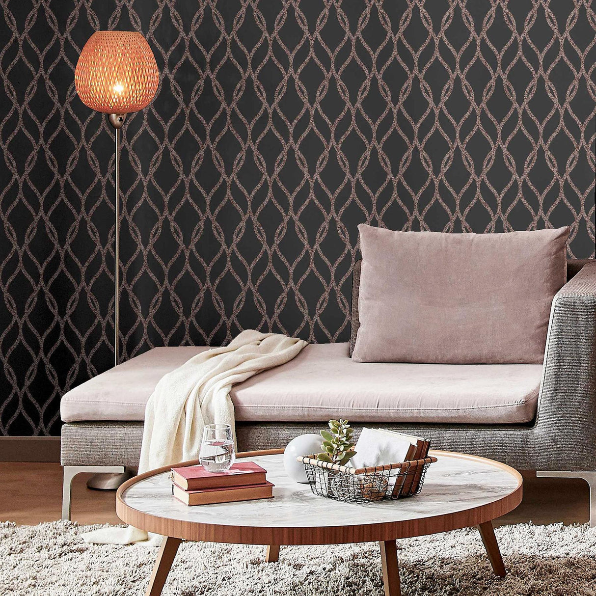 York Ava Rose Gold Glittering Ogee Wallpaper