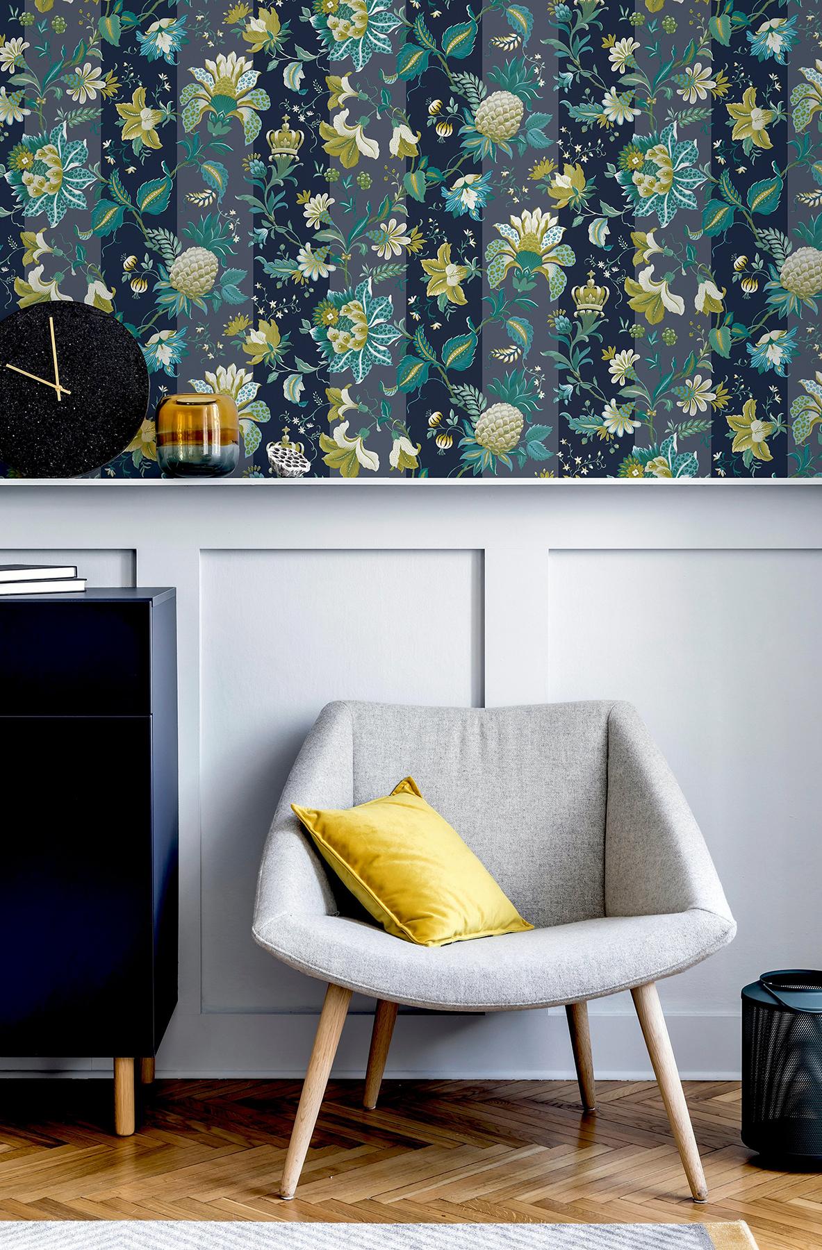York Cornelia Navy Floral Stripe Wallpaper