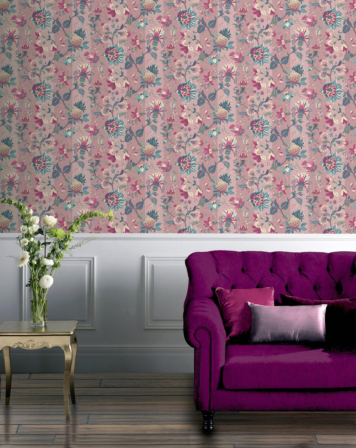York Cornelia Pink Floral Stripe Wallpaper