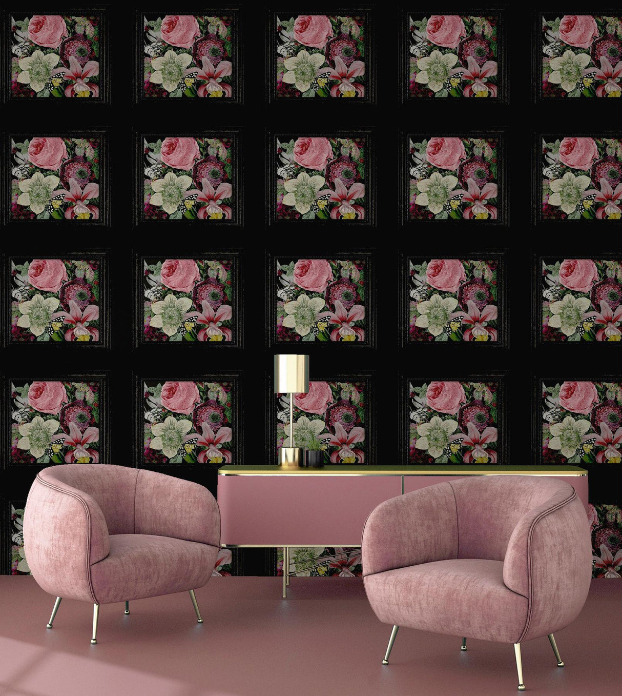 York Lucinda Black Floral Panel Wallpaper