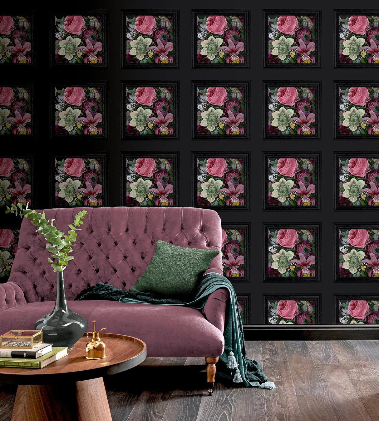 York Lucinda Black Floral Panel Wallpaper