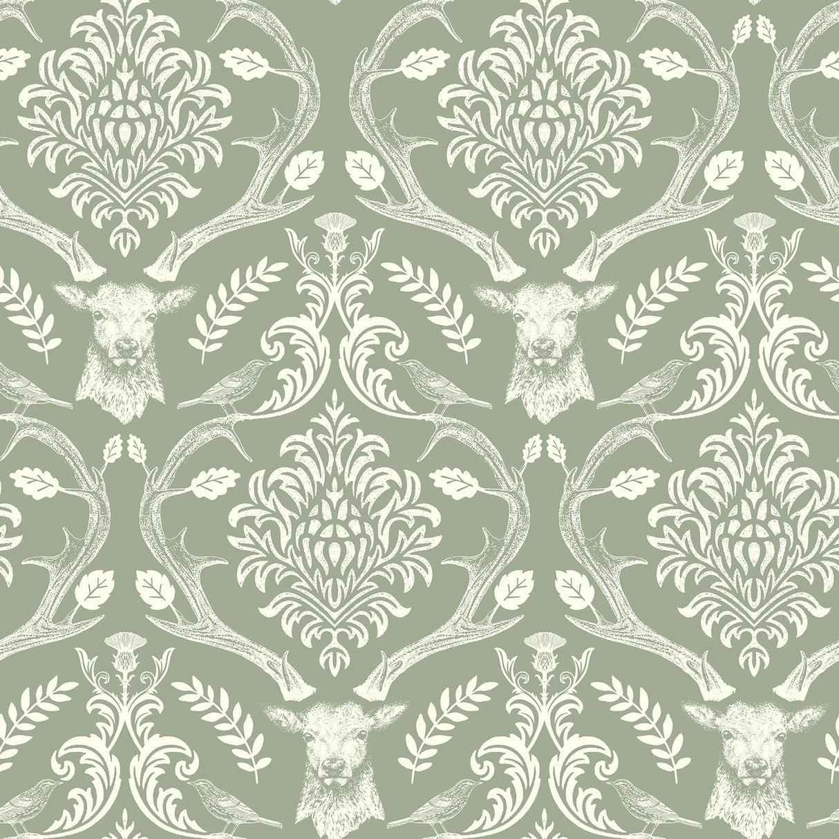 York Wickham Green Stag Damask Wallpaper