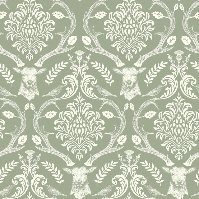 York Wickham Green Stag Damask Wallpaper