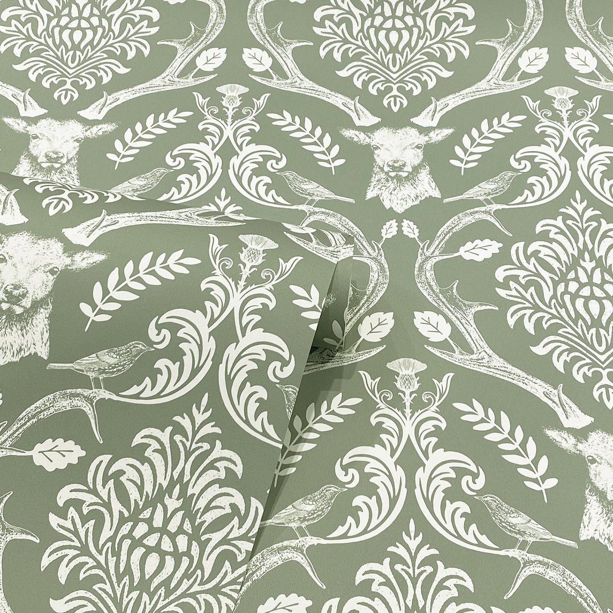 York Wickham Green Stag Damask Wallpaper