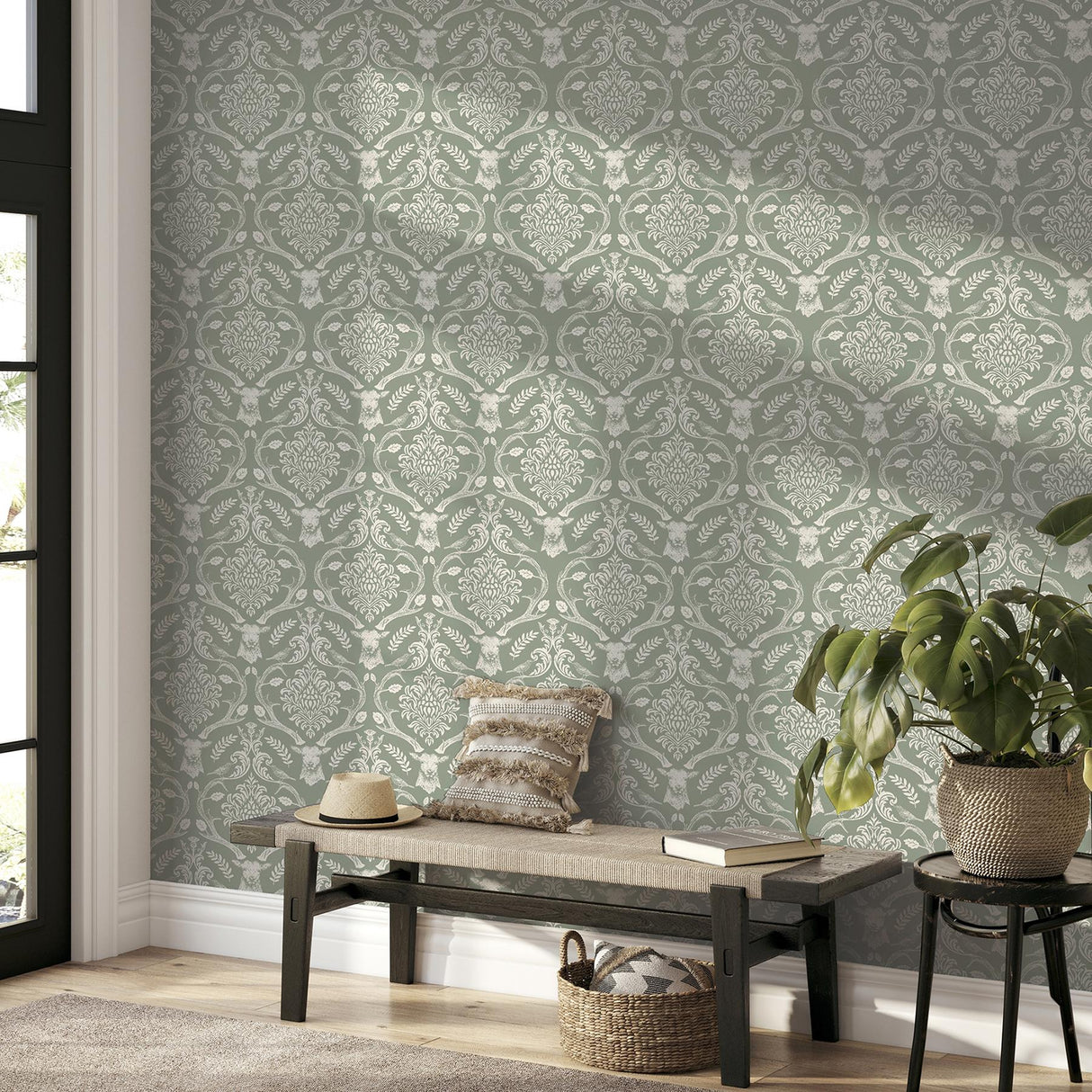 York Wickham Green Stag Damask Wallpaper