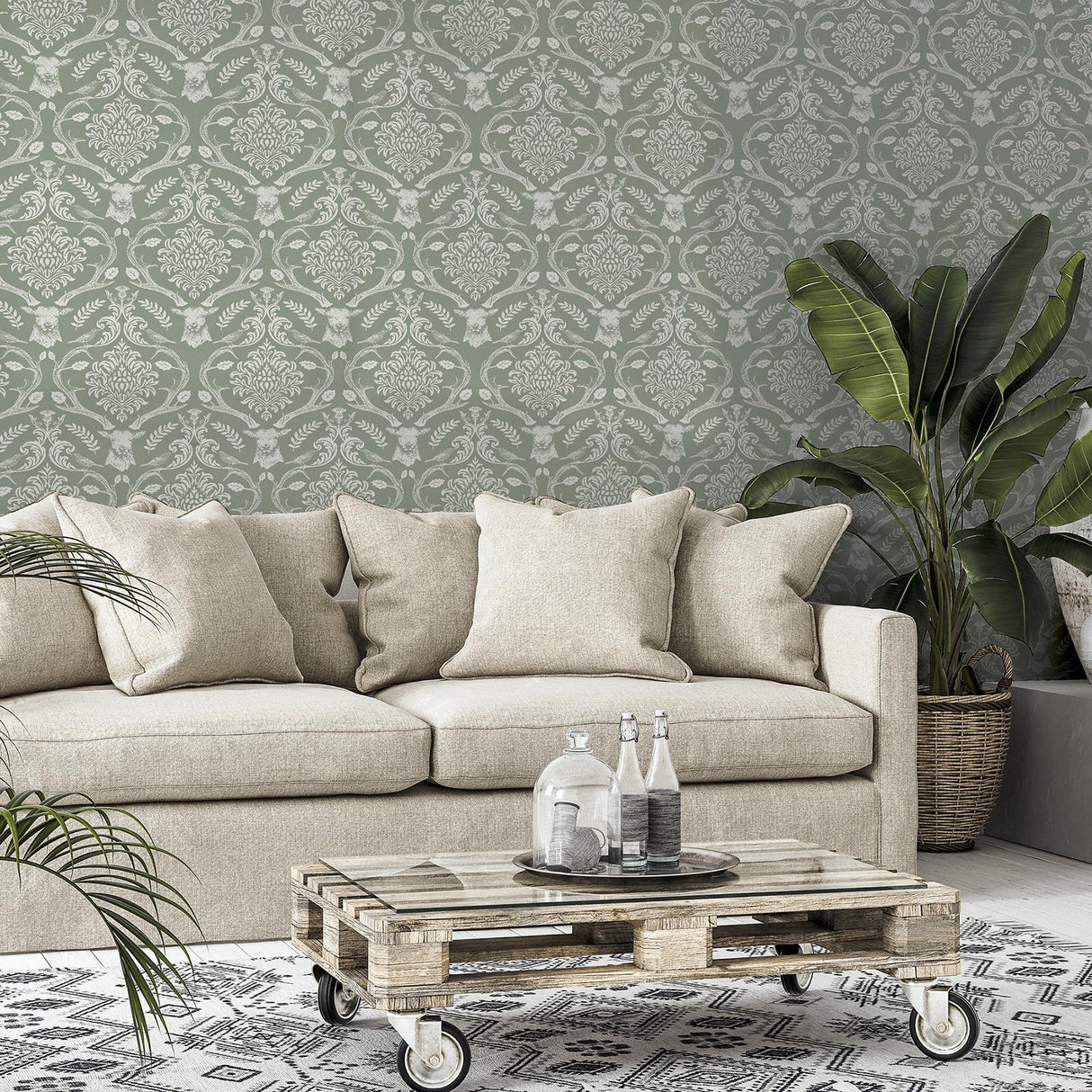 York Wickham Green Stag Damask Wallpaper