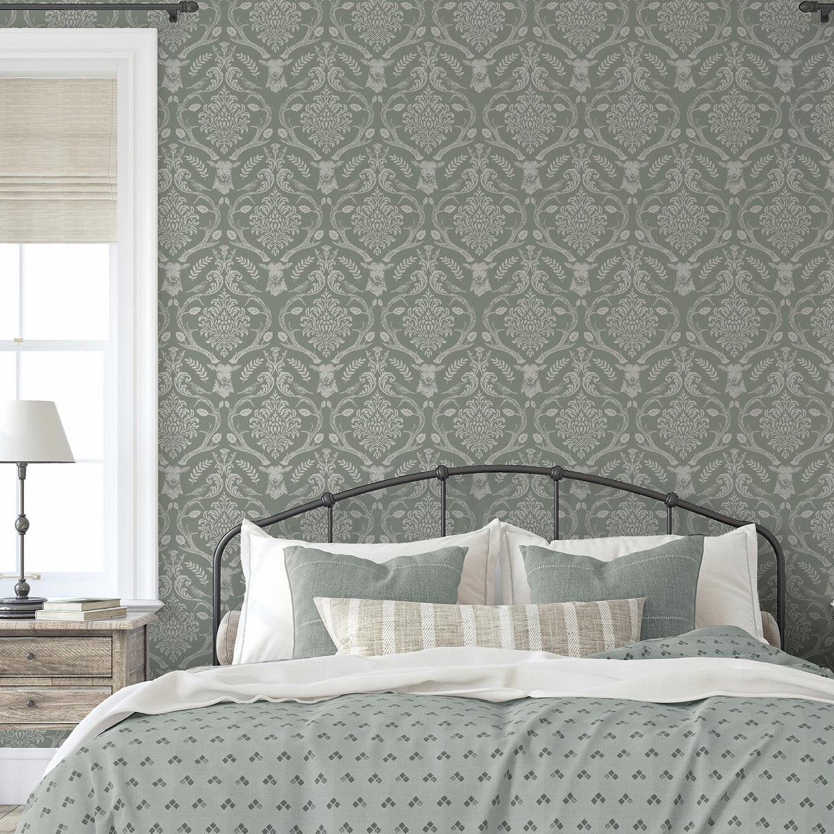York Wickham Green Stag Damask Wallpaper