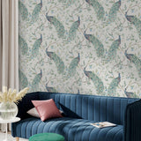 York Keeka Blue Peacocks Wallpaper