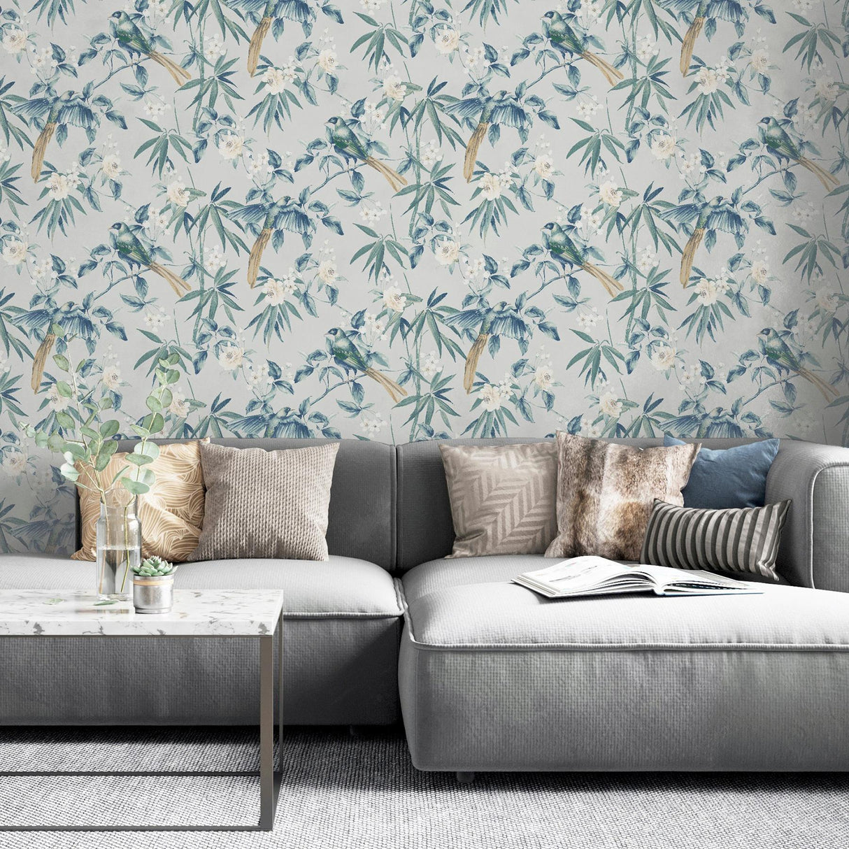 York Suzume Teal Birds and Blooms Wallpaper