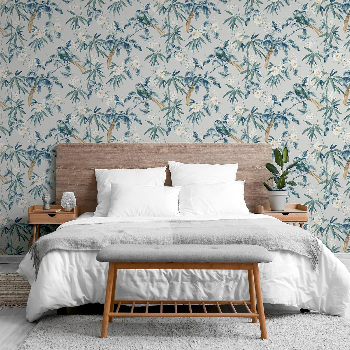 York Suzume Teal Birds and Blooms Wallpaper