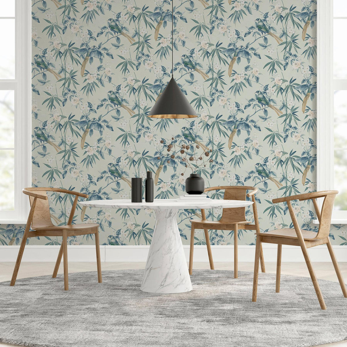 York Suzume Teal Birds and Blooms Wallpaper