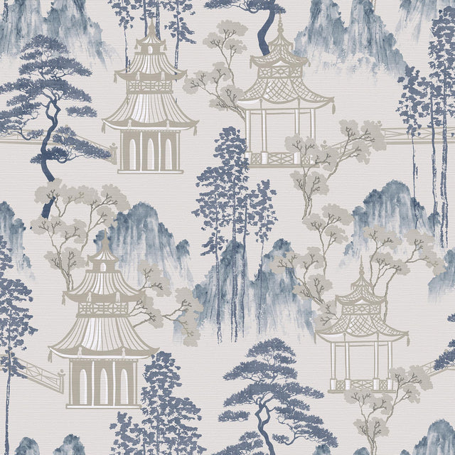 York Akio Blue Pagoda Wallpaper