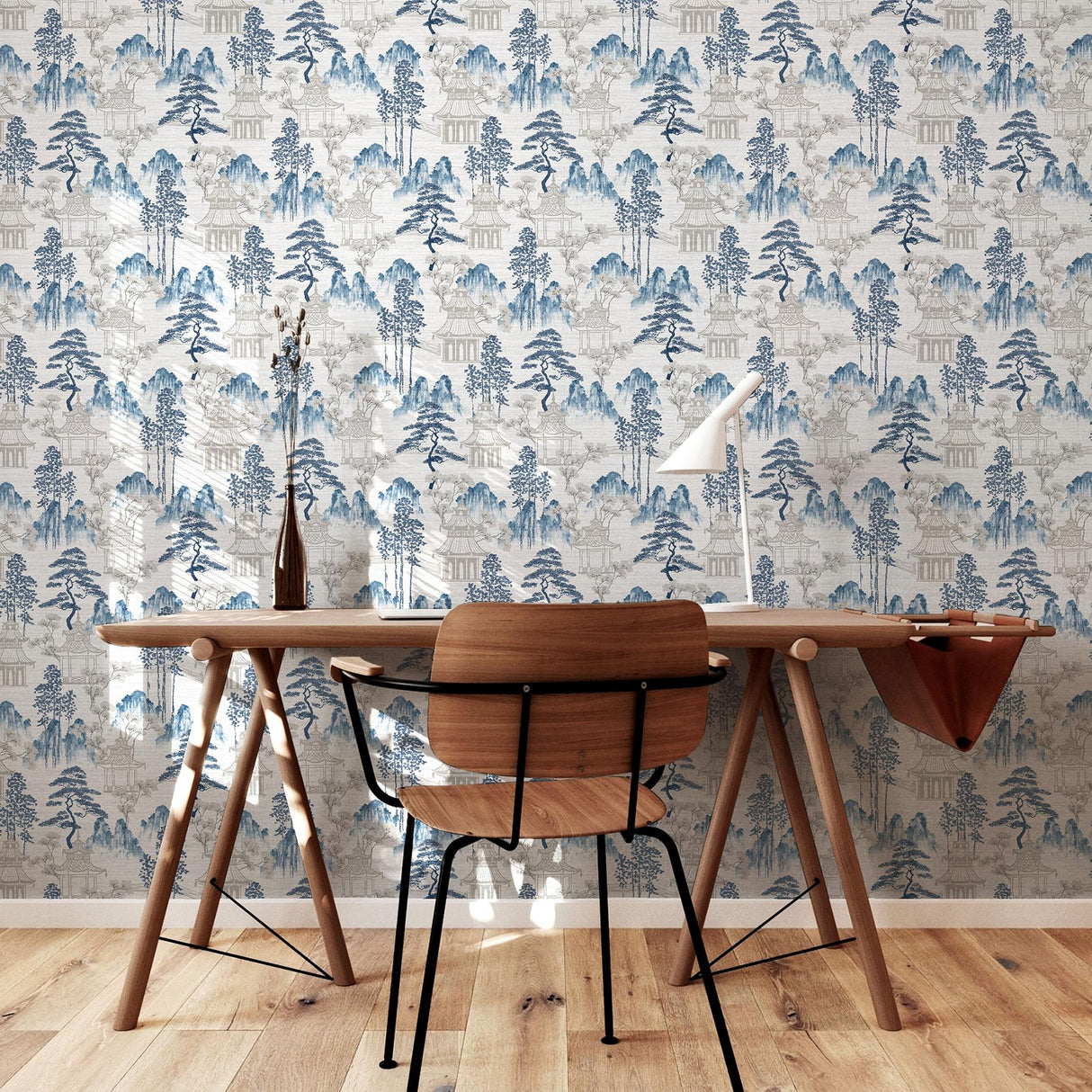 York Akio Blue Pagoda Wallpaper