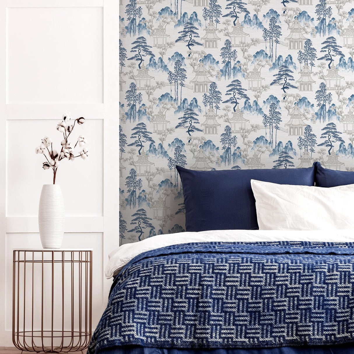 York Akio Blue Pagoda Wallpaper