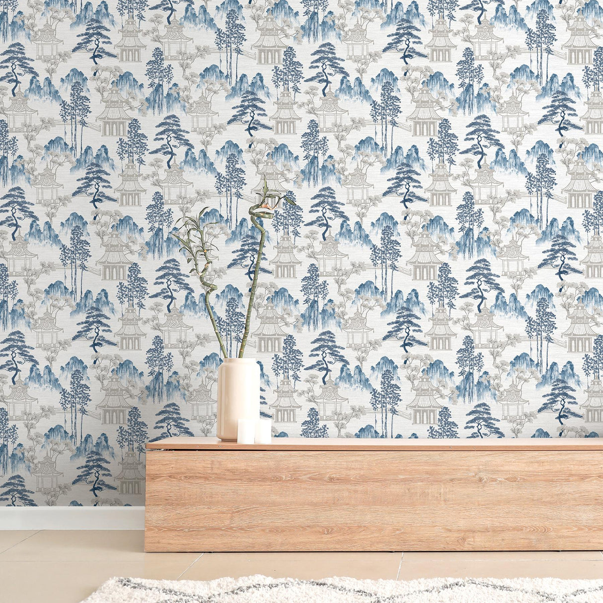 York Akio Blue Pagoda Wallpaper