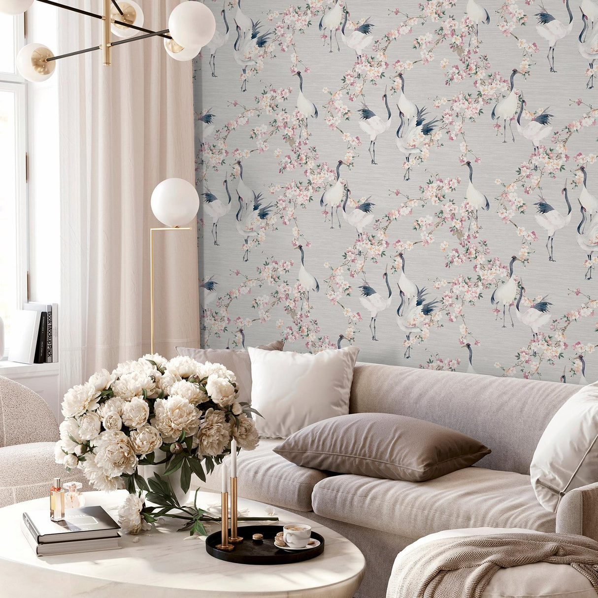 York Harumi Light Grey Blossom Wallpaper