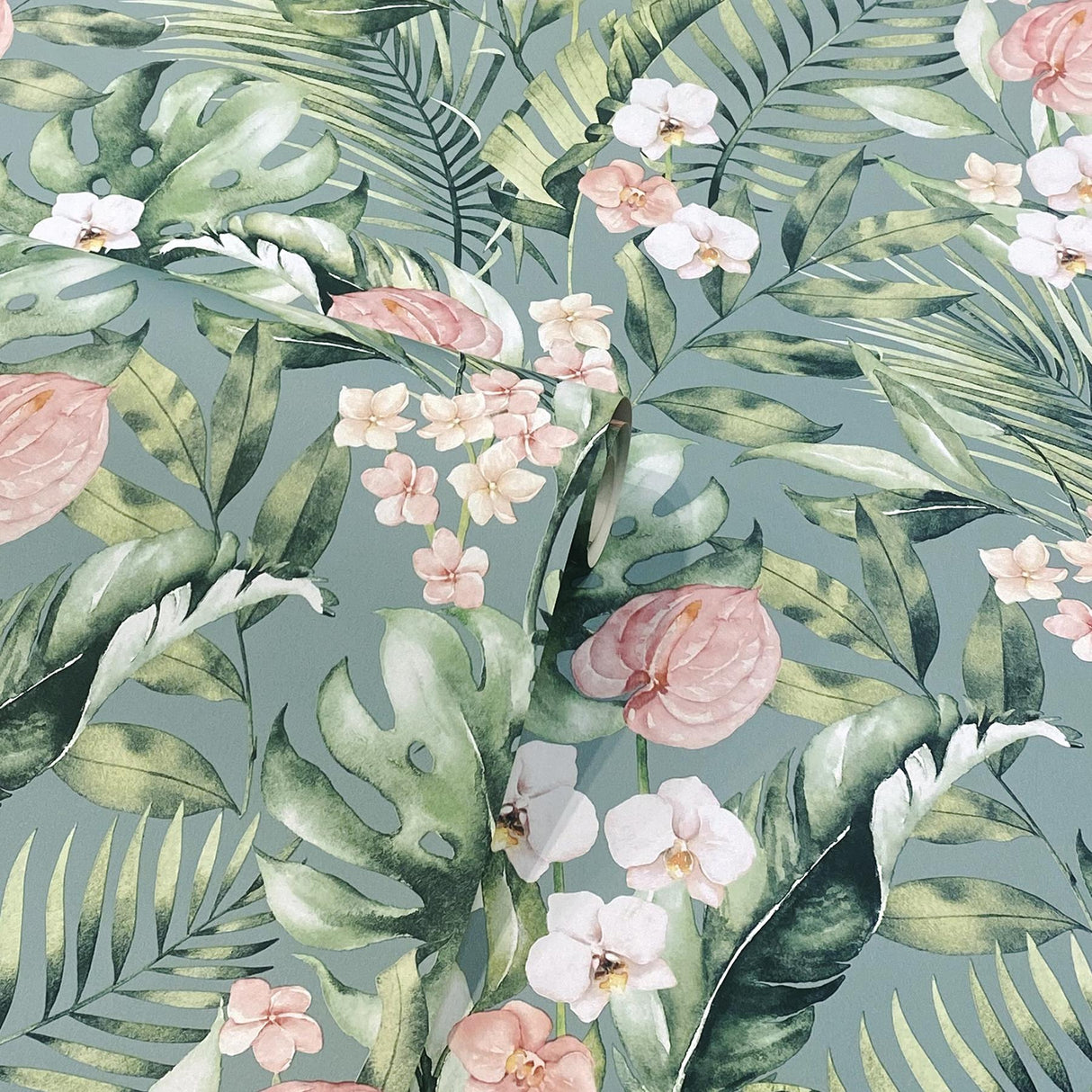 York Harrietta Sea Green Tropical Floral Wallpaper