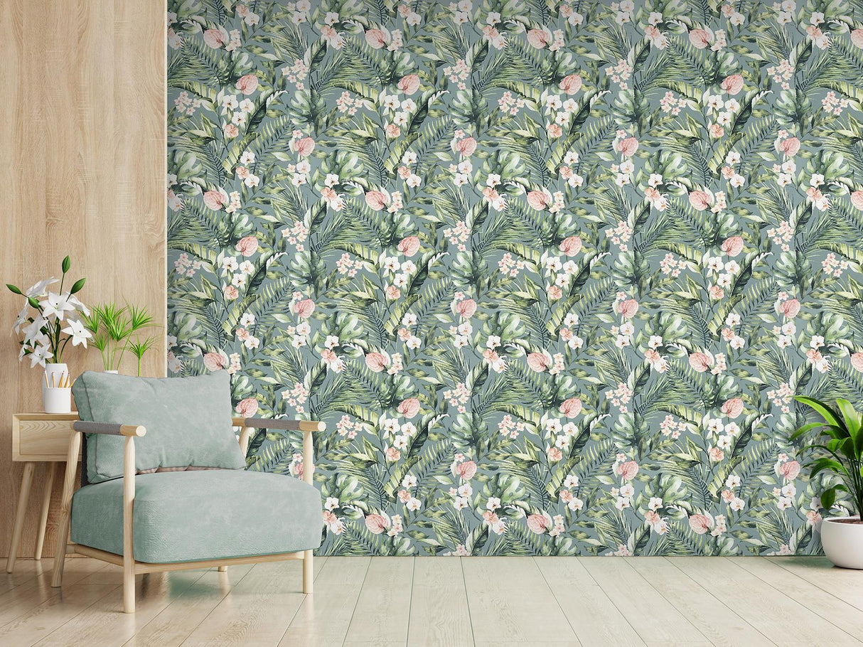 York Harrietta Sea Green Tropical Floral Wallpaper