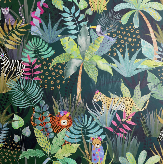 York Fonda Dark Green Jungle Party Wallpaper