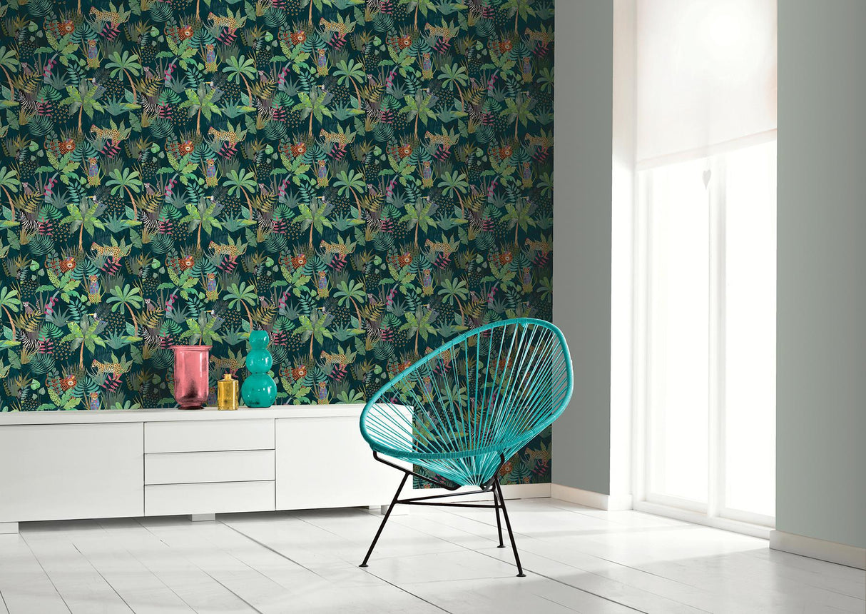 York Fonda Dark Green Jungle Party Wallpaper