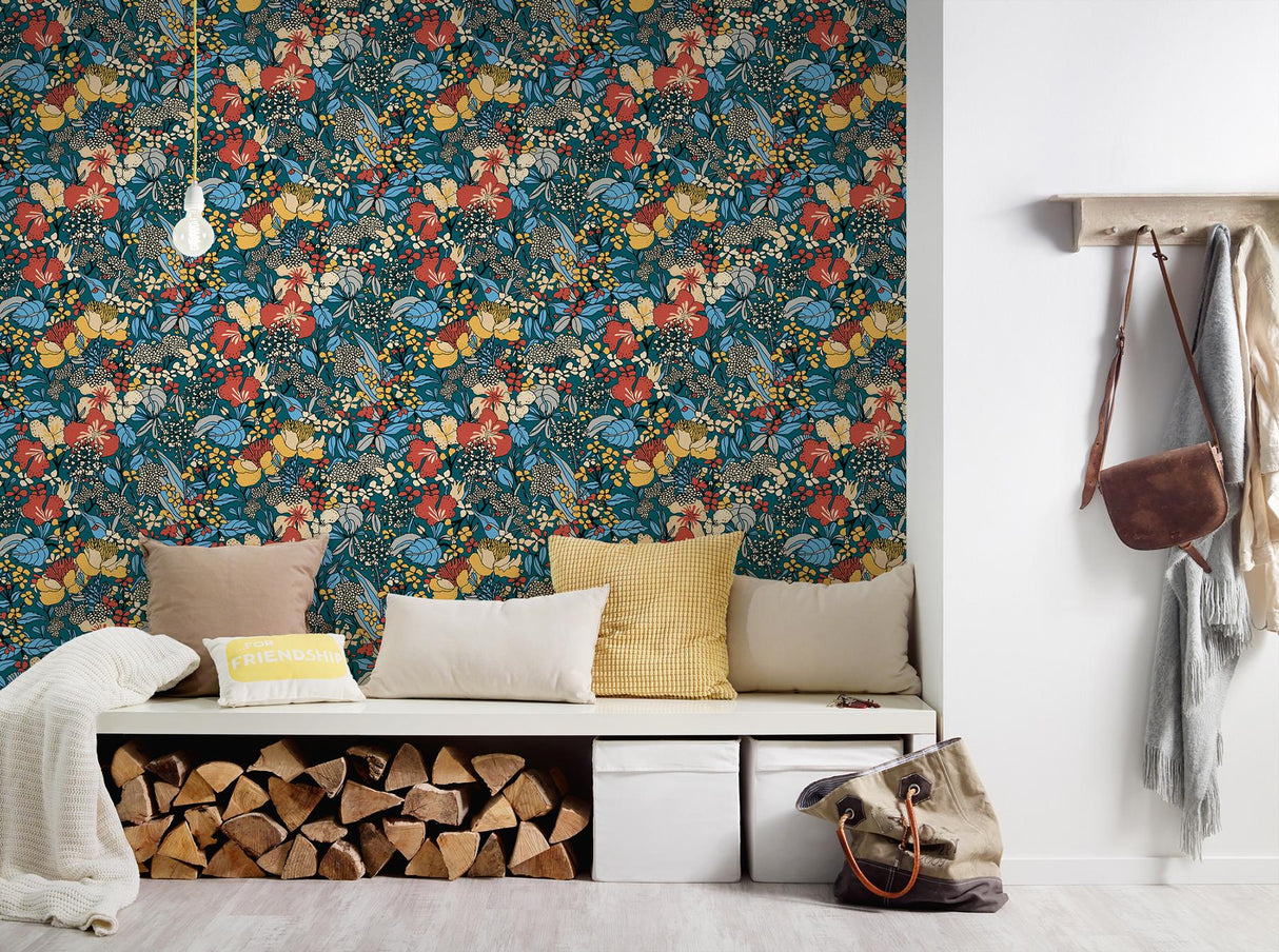 York Zetta Blue Floral Riot Wallpaper