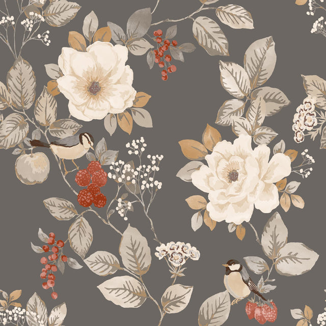 York Bramble Charcoal Floral Wallpaper