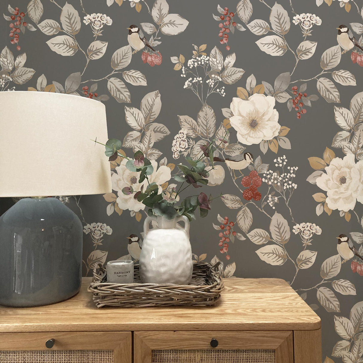 York Bramble Charcoal Floral Wallpaper
