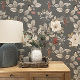 York Bramble Charcoal Floral Wallpaper