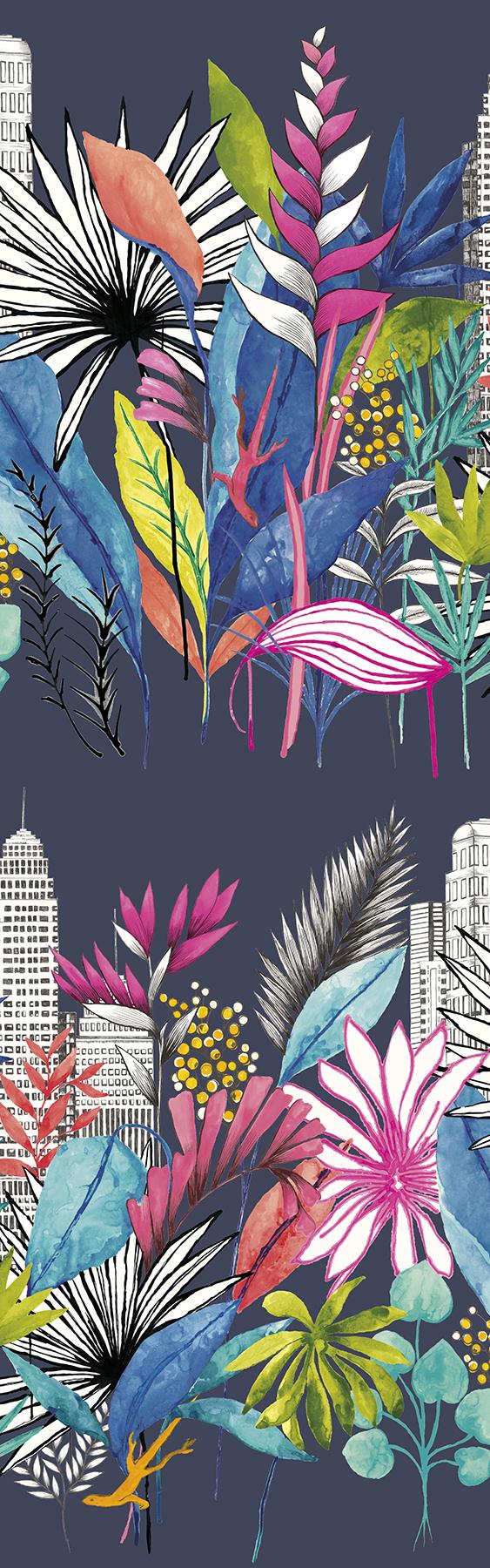 York Sierra Indigo Urban Tropic Wallpaper