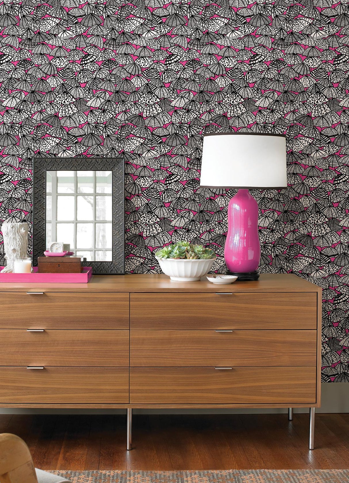 York Dara Raspberry Jolly Brollies Wallpaper
