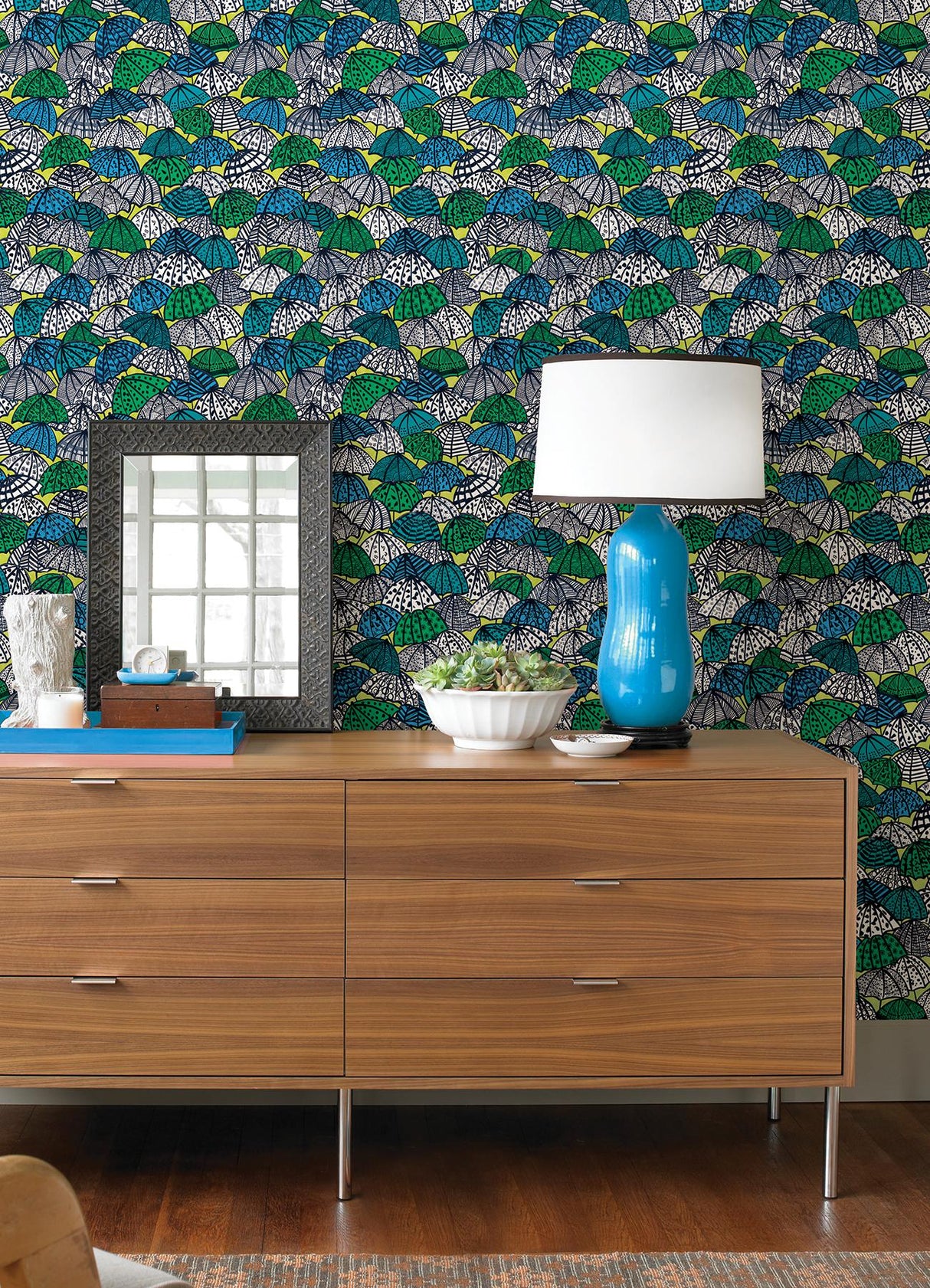York Dara Chartreuse Jolly Brollies Wallpaper