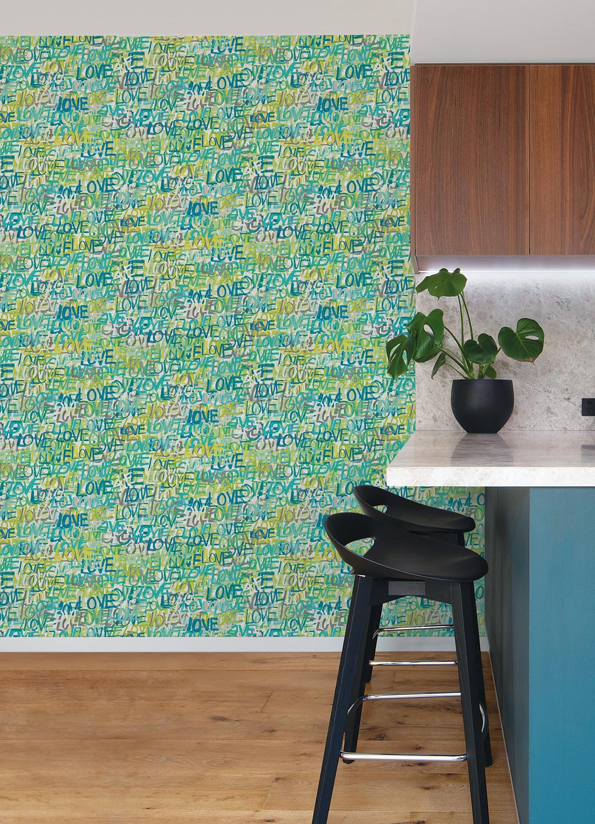 York Indio Teal Love Scribble Wallpaper