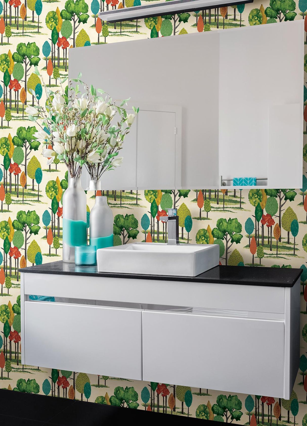 York Cypress Teal Tall Trees Wallpaper