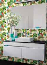 York Cypress Teal Tall Trees Wallpaper
