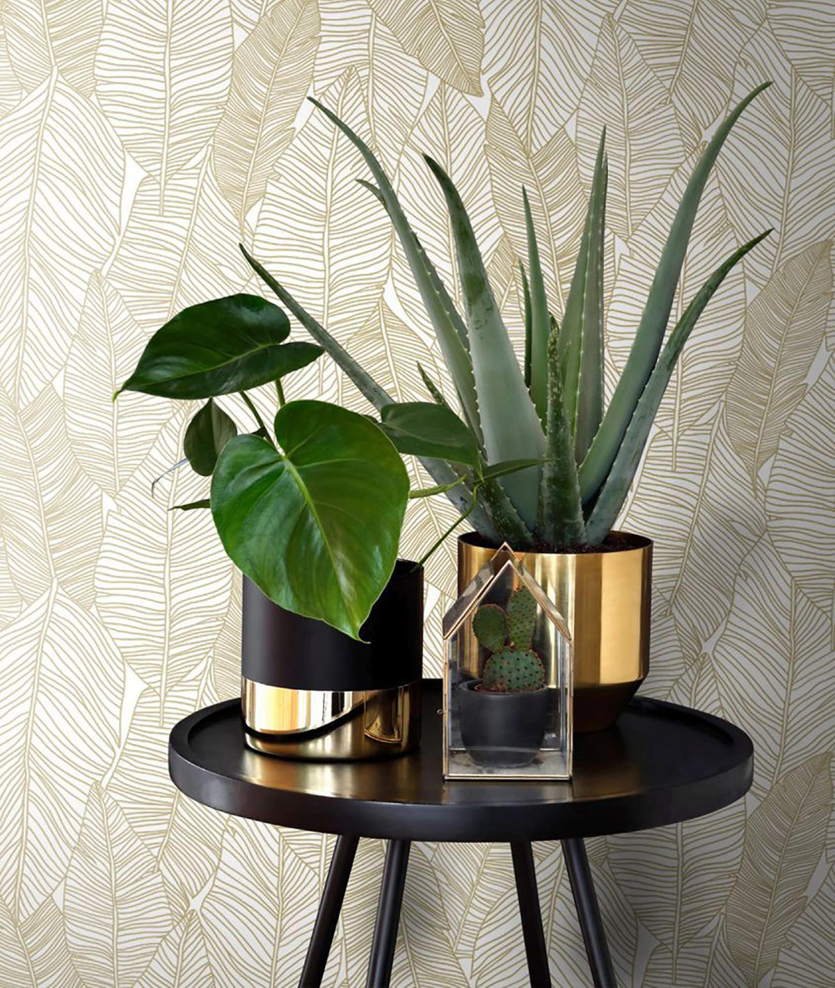 York Canales White Gold Inked Leaves Wallpaper