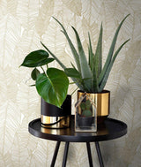 York Canales White Gold Inked Leaves Wallpaper
