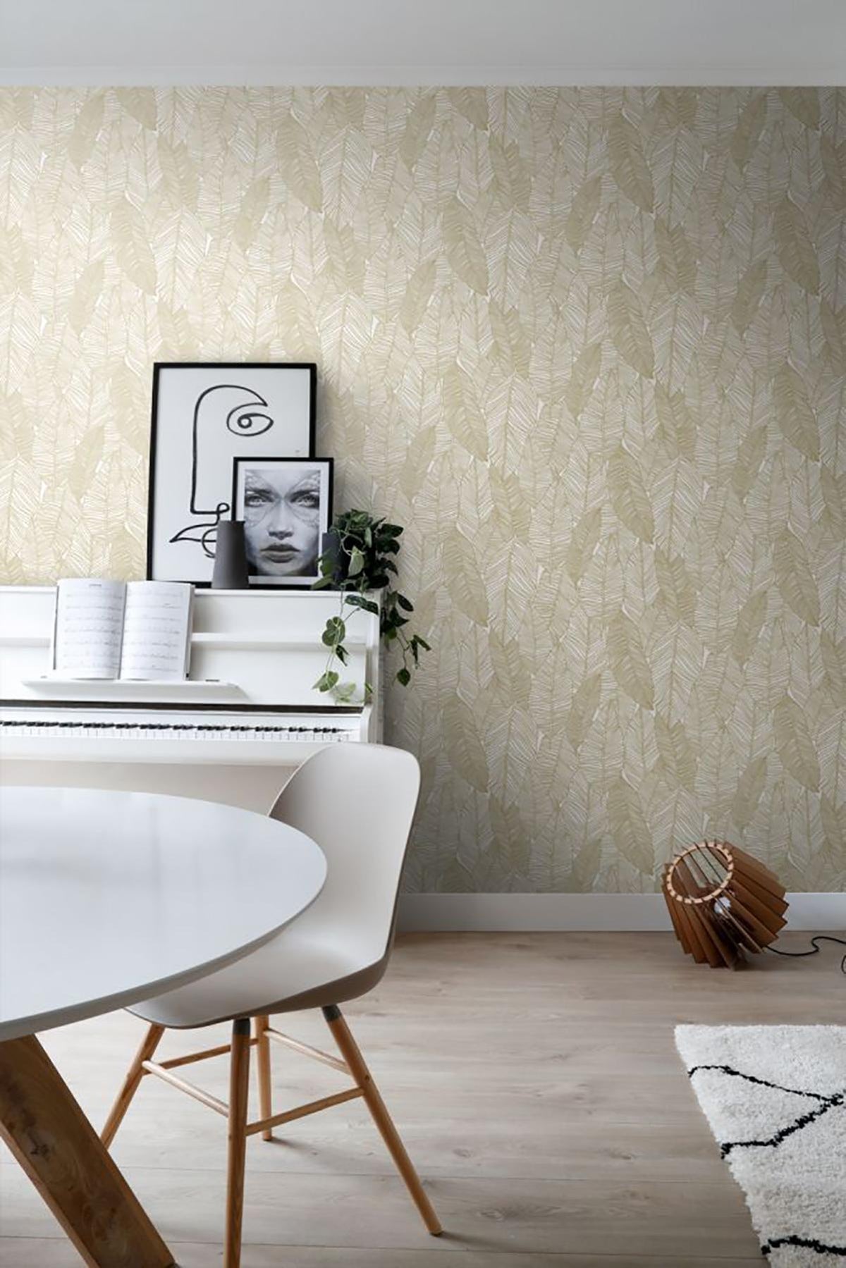 York Canales White Gold Inked Leaves Wallpaper