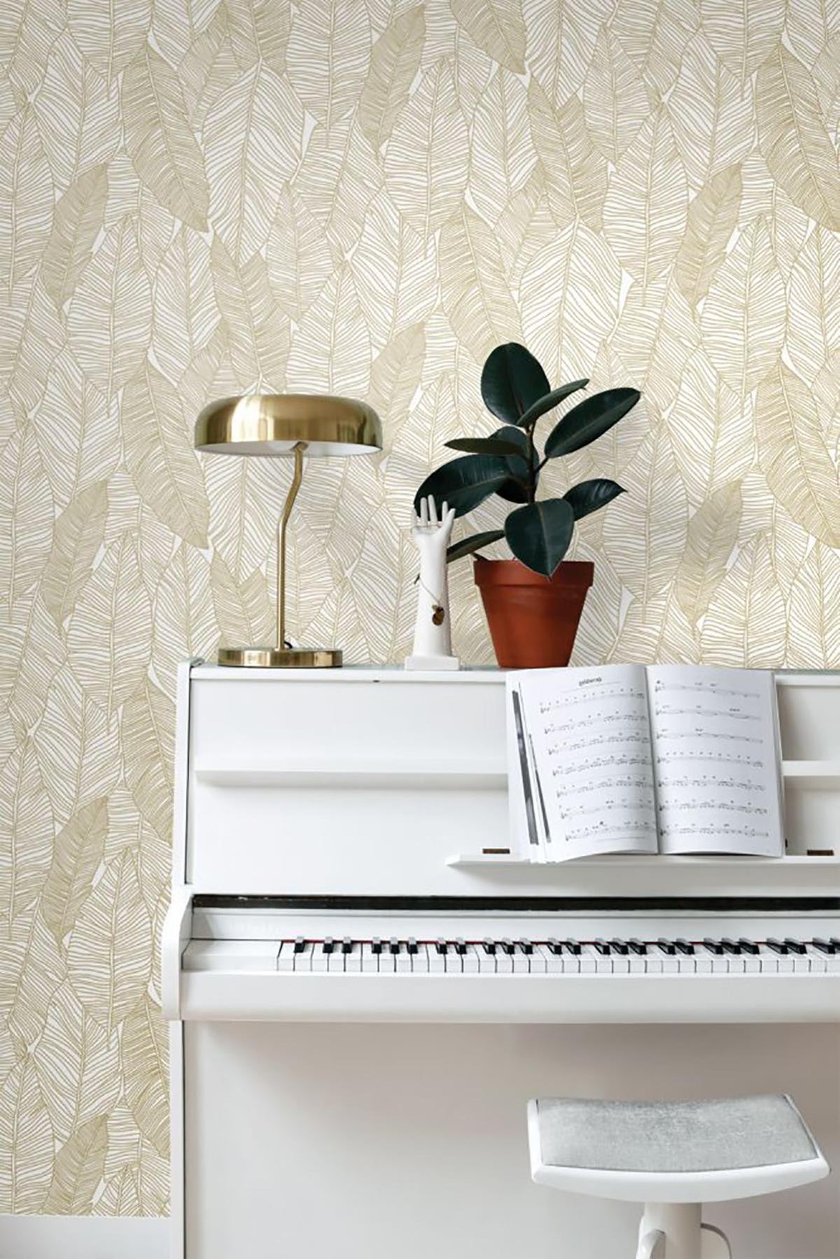 York Canales White Gold Inked Leaves Wallpaper