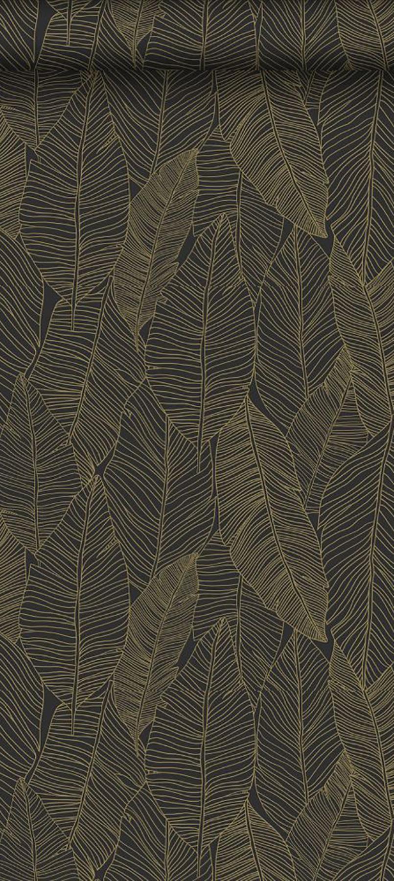 York Canales Black Gold Inked Leaves Wallpaper