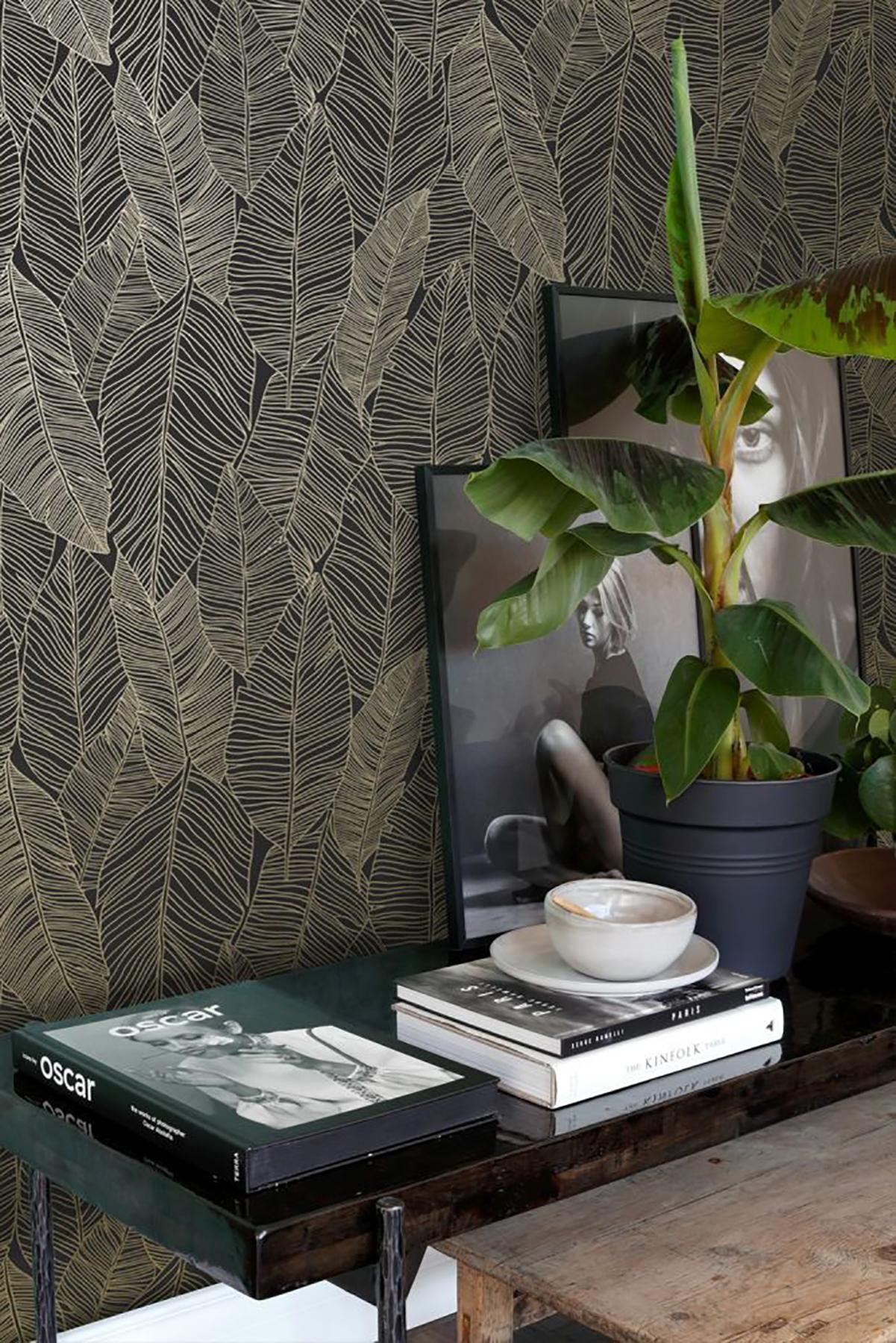 York Canales Black Gold Inked Leaves Wallpaper