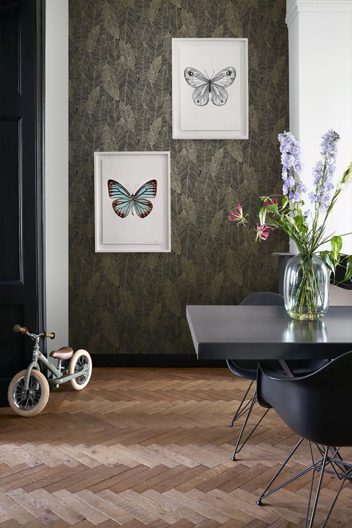 York Canales Black Gold Inked Leaves Wallpaper