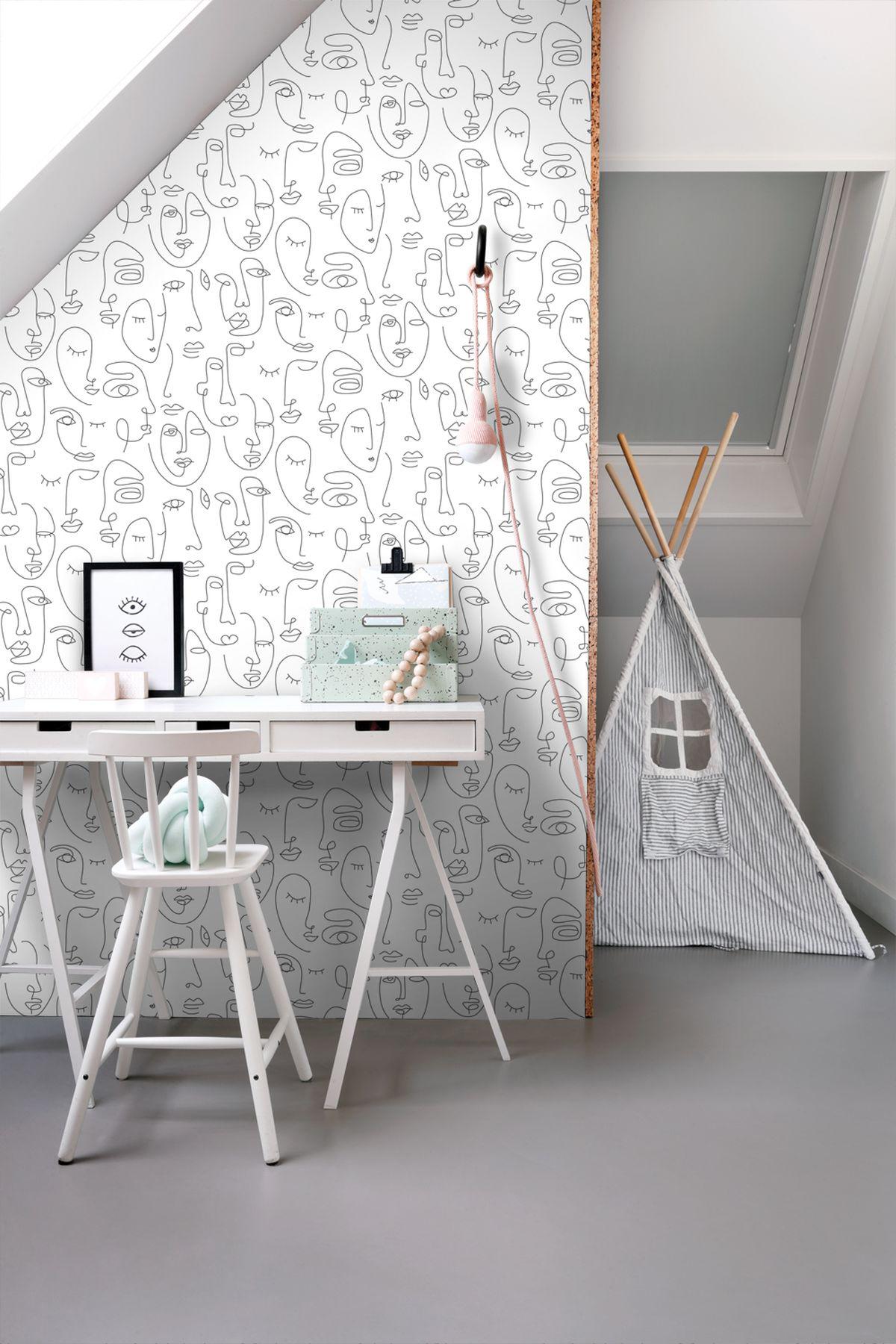 York Sharona White Line Art Faces Wallpaper